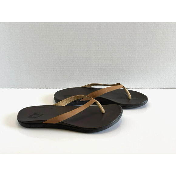 Olukai Ho'opio Flip Flops Women's 6/36 Brown Leather Thong Sandals Slip On Flats - Picture 2 of 15